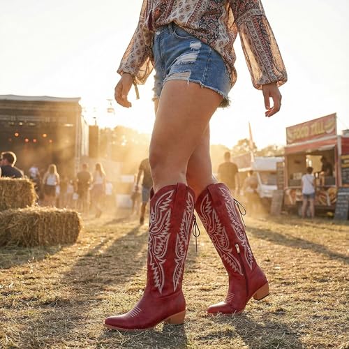 Image of Uillnoodu Wide Calf Cowboy Boots Women Adjustable Lace Up Knee High Tall Plus Size Cowgirl Boots Western Style Comfortable 2-Inch Heel