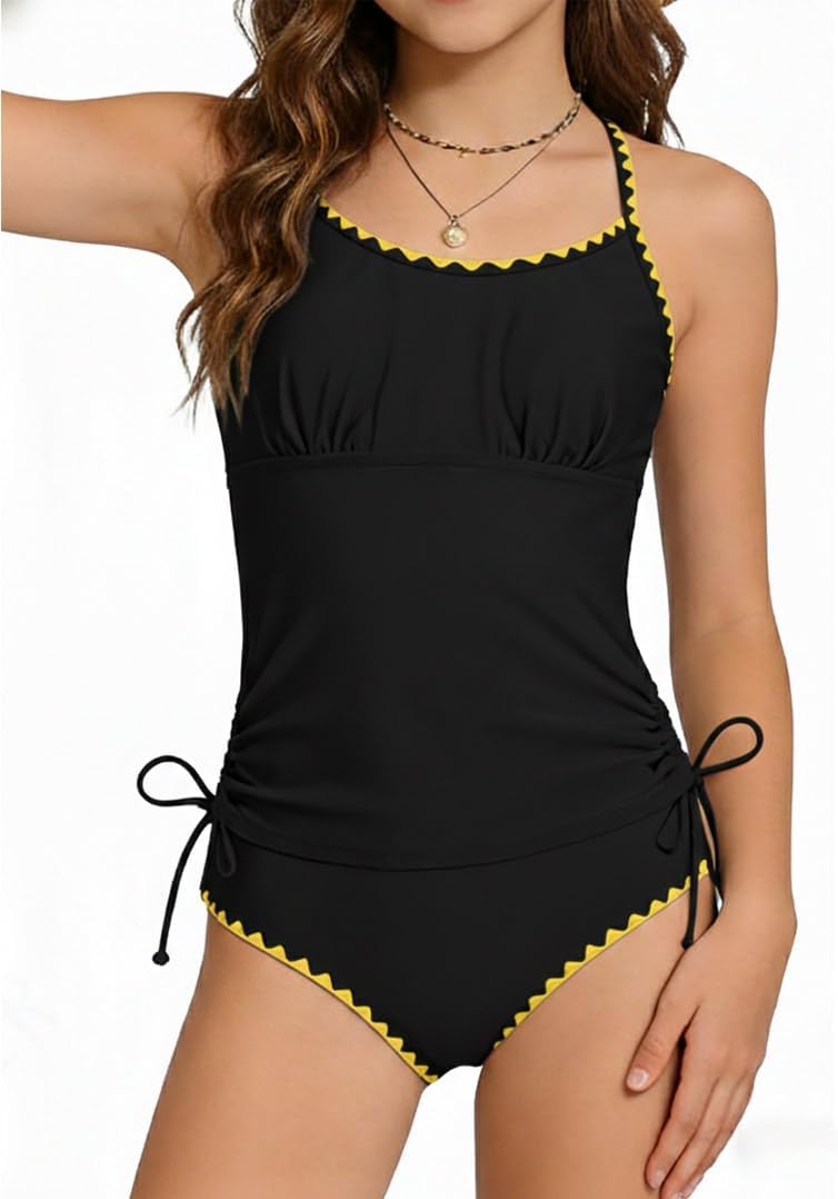 Funnycokid Teen Girls Swimsuit Padded Bathing Suit 2 Piece Tankini Contrast Trim Ruched Design Swimwear 9-16Y