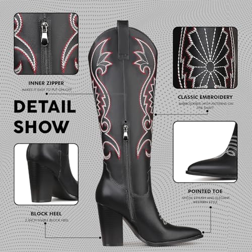 Image of VOMIRA Knee High Cowboy Boots for Women Pointed Toe Chunky High Heels Pull-on Embroidered Boots Western Boots Wide Calf Cowgirl Boots