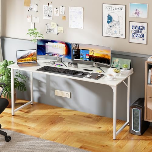 Image of PayLessHere | 63 Inch Computer Desk | White | Office Desk with Metal Frame, Adjustable Feet | Water-Resistant, Scratchproof Surface | Sturdy Writing Table for Home Office or Study | Pack of 1