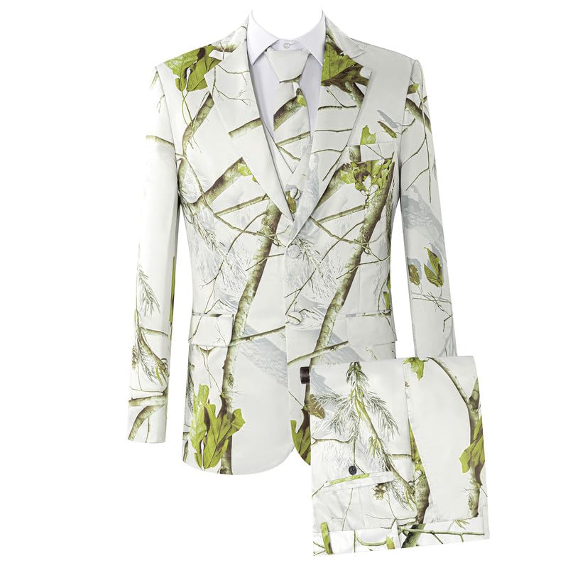 HBDesign Men's Grey Camouflage Suit with Tie Formal Business Wedding Party Blazer Vest Pants Set