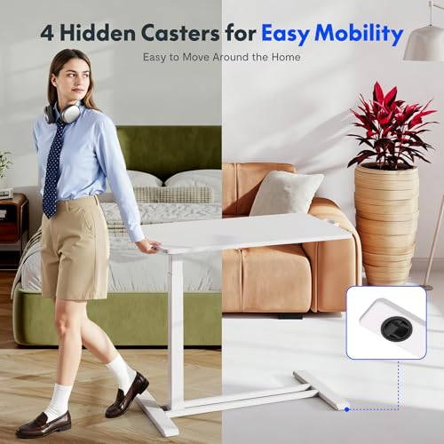 Image of FLEXISPOT H7 Adjustable Overbed Bedside Table with Wheels Pneumatic Mobile Standing Desk Laptop Desk Rolling Computer Cart Movable Overbed Table Hospital Home Use(27.6 inch W x 15.7 inch D, White)