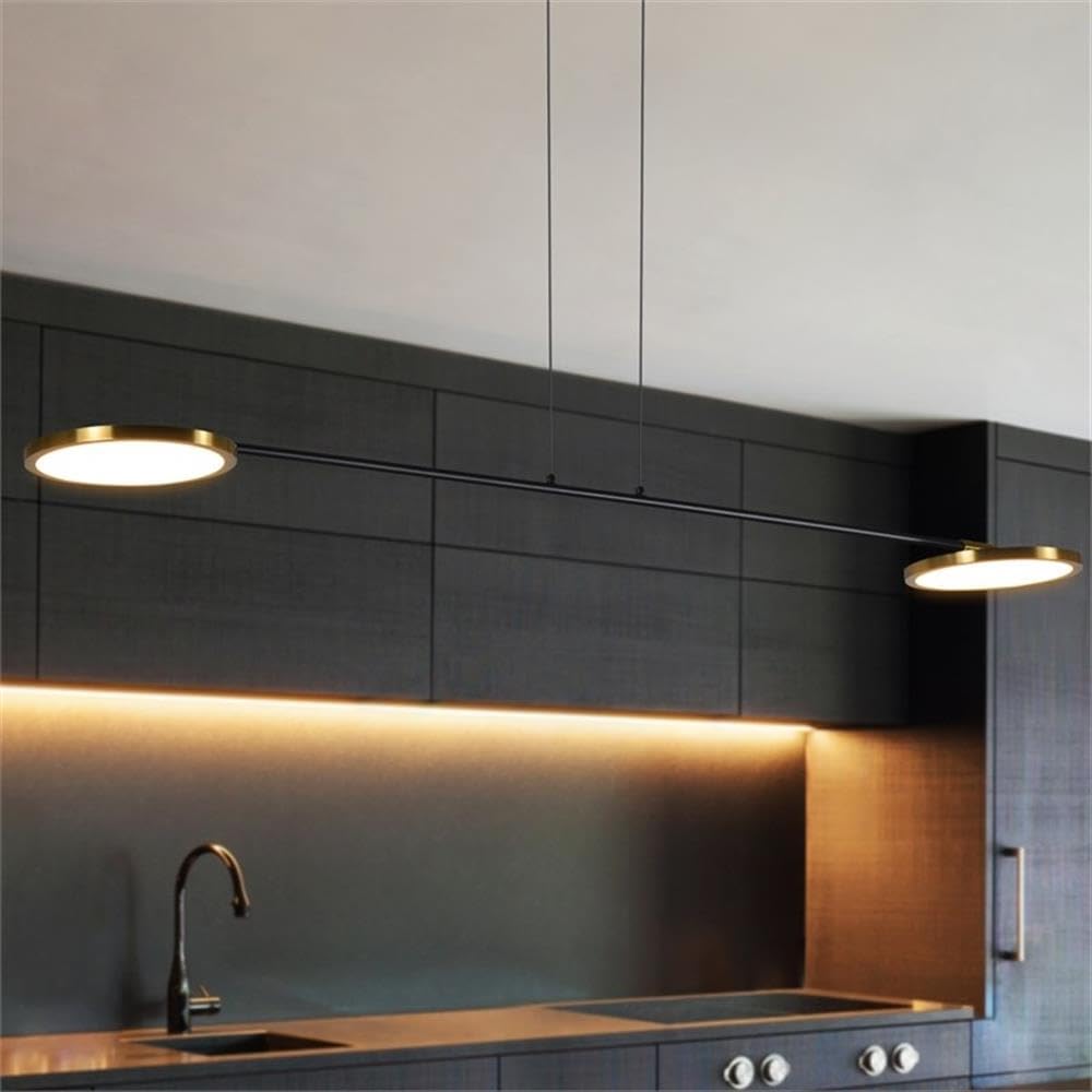 Pemberly Row 39" ETL Certified Integrated LED Aluminum Pendant Light, Antique Brass Finish, Modern Rotating Disk Design, Adjustable Height, Dimmable Ambient Lighting, 3000K Soft White for Kitchen