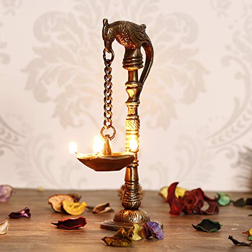 eCraftIndia Decorative Handcrafted Brass Parrot Showpiece Diya for 5 Wicks with Stand