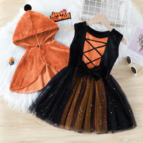 ROYLAMP Toddler Girls Witch Halloween Paillette Tulle Dress Sets Funny Holiday 2 Pieces Hooded Cape 1-6T4