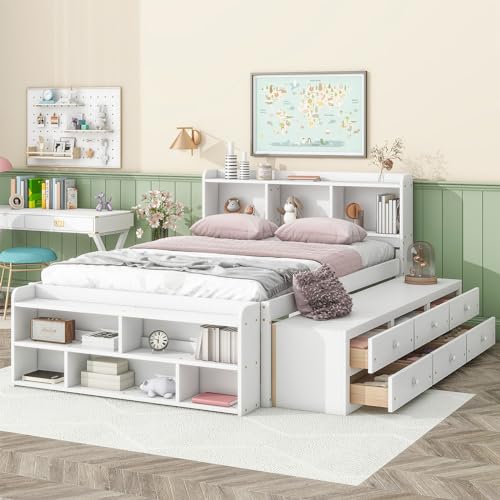 HZANHY Full Size Bed Frame,Full Size Platform Bed with Bookcase