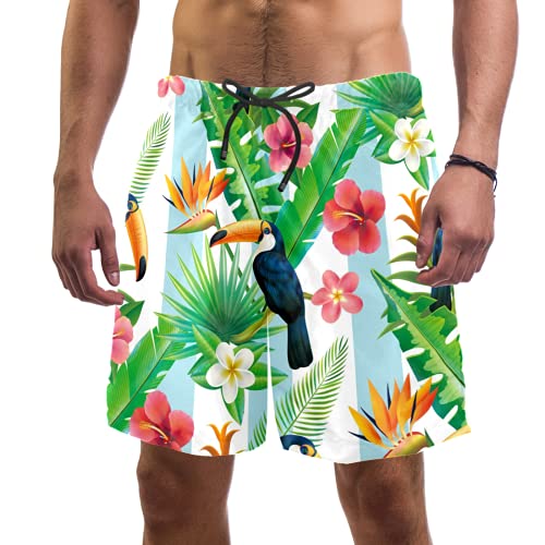 Short de bain pour homme S rose motif forêt tropicale avec doublure en maille