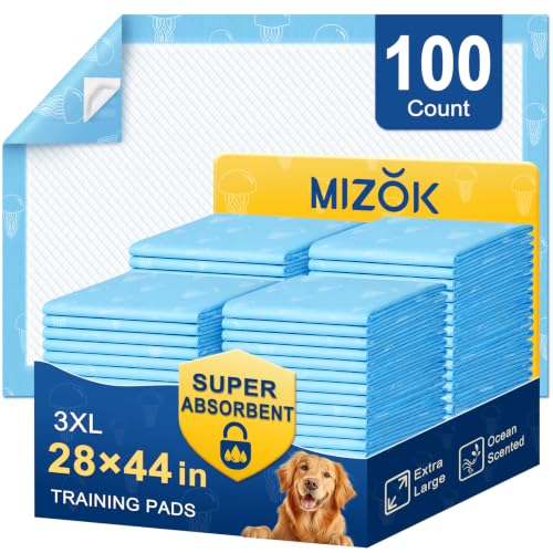 Image of MIZOK Dog Pee Pads 28x44in Dog Pads XXL Super Absorbent Up to 12 Cups Marine Scented Odor-Control Pee Pads with Jellyfish Pattern, Quick Dry & Leak-Proof (100 Counts)