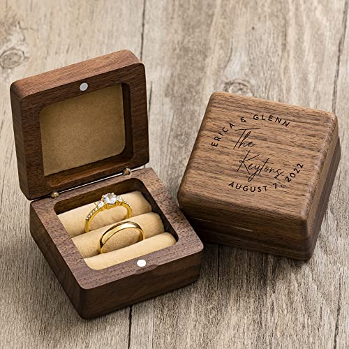 Esseur Caja de anillo de boda de madera personalizada, caja de anillo doble de madera, caja de anillo de compromiso, caja de almacenamiento de nogal, regalos de cumpleaños de boda para mujeres