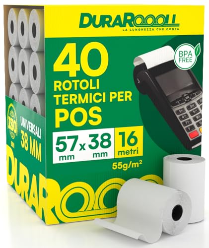 40 Rotoli Carta per POS 57x38 Rotolini Termici DuraRoooll - Rulli Carta Termica 16m Compatibile con Nexi SumUp Pax Axerve Ingenico Smart POS - Rullini per Scontrini Ricevute Bancomat Carte di Credito
