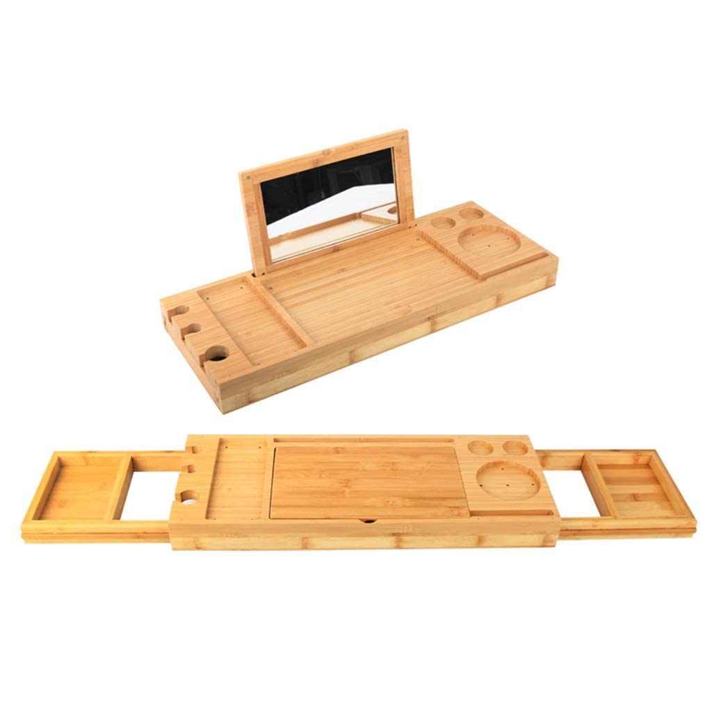 Bandeja de baño Bandeja de baño de madera extensible con espejo - Bandeja de baño ajustable Organizador de estante para bañera Mesa de baño para libro Teléfono Tablet Vela Soporte para copa de vino -