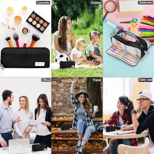 Image of Aesthetic Large Pencil Case 3 Compartments Zipper Pencil Pouch Big Capacity Pencil Bag for Kids Girls Boys Student School Supplies Oxford Organizer Cosmetic Makeup Pouch (Black)