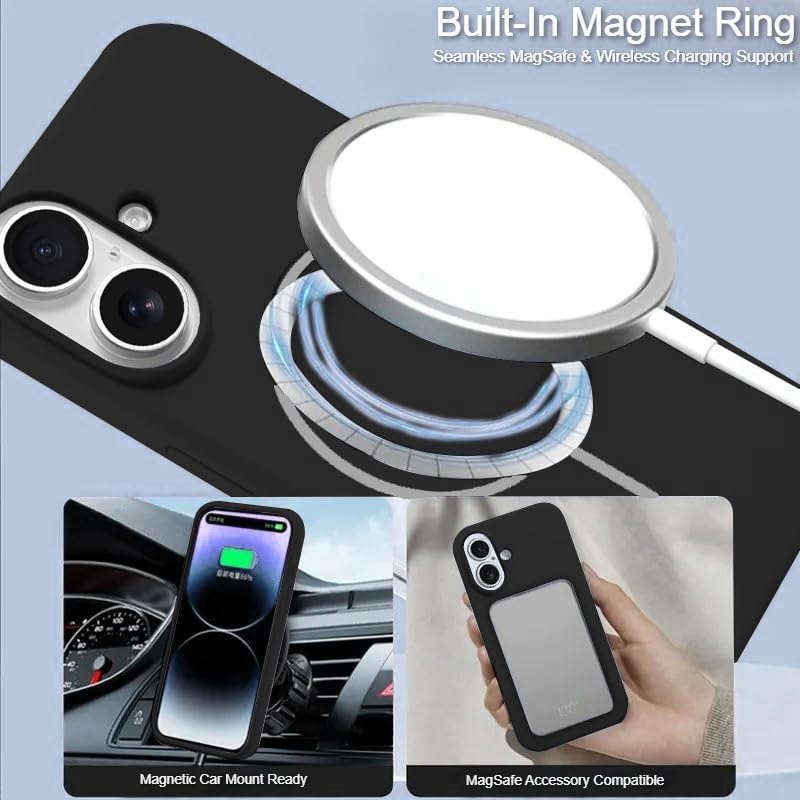 Image of LuxuryKase Silicone Magnetic Case for iPhone 16 | Soft Microfiber Lining | MagSafe Support | Shockproof Protective Cover | Precise Cutouts | Slim Fit Design - Black