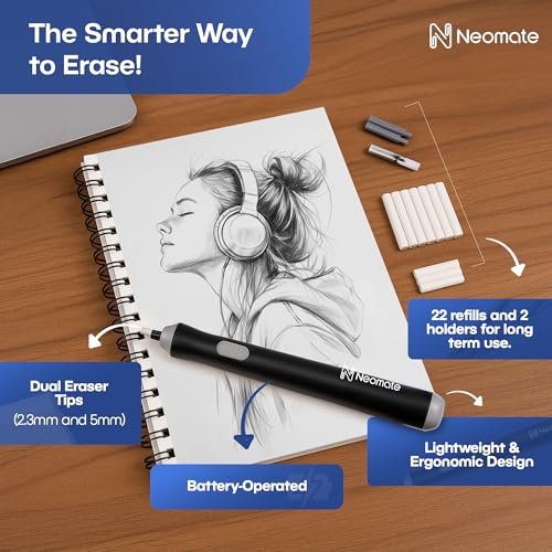 Image of Neomate Slim Battery-Operated Automatic Eraser | Includes 22 Refills and 2 Eraser Holders | Portable Electric Eraser for Precision Drawing & Sketching (Batteries Not Included)