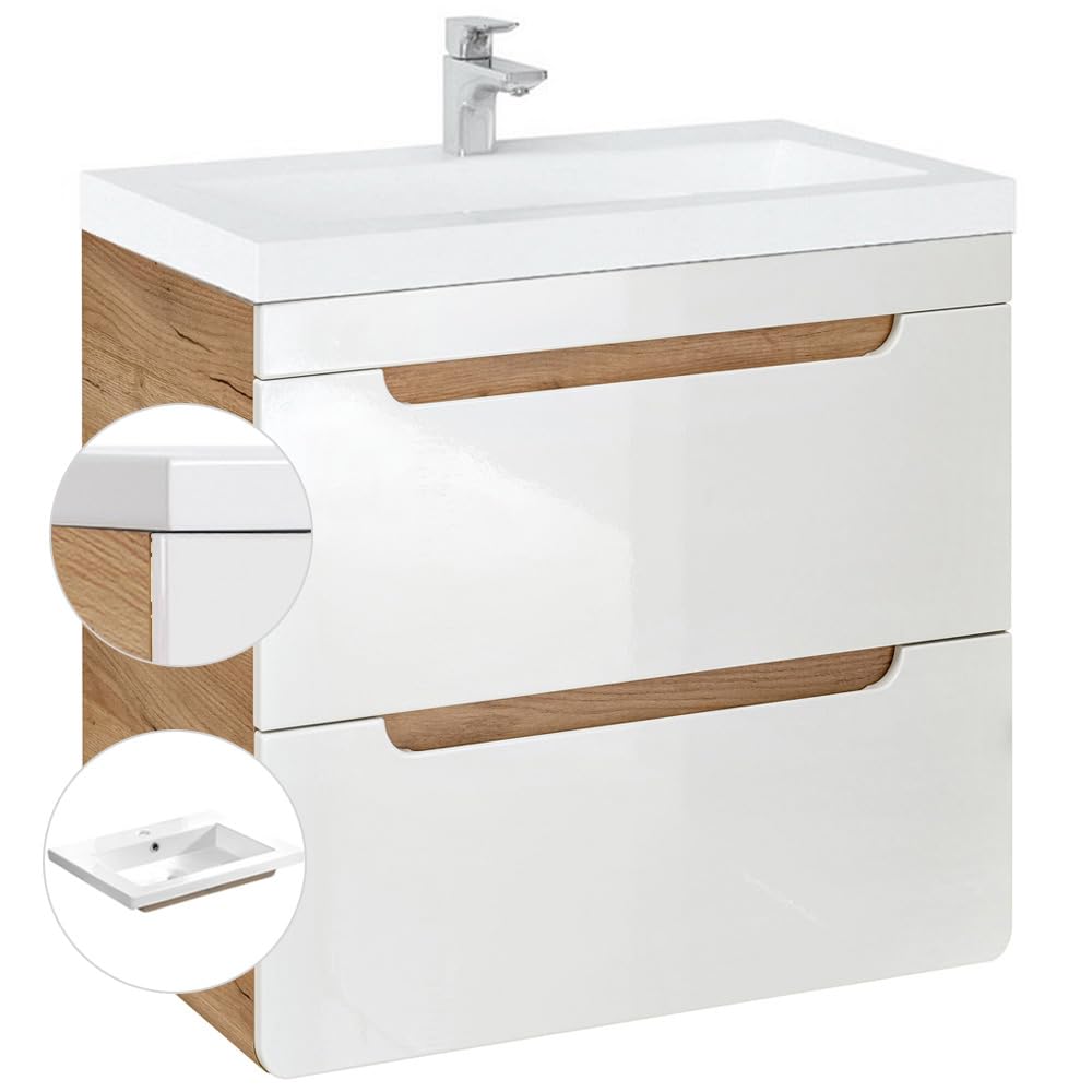 Lomadox Waschtischunterschrank 61 cm mit Keramik-Waschtisch LUTON-56 Hochglanz weiß mit Wotan Eiche Nb. B/H/T ca. 61/63/46 cm