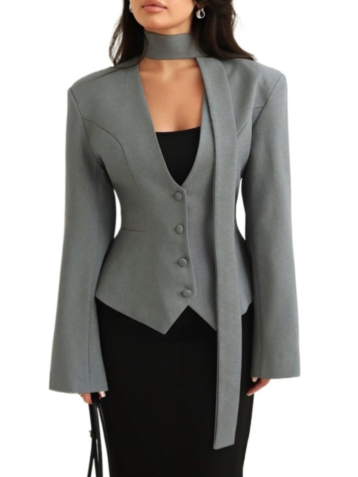 Womens Single Breasted V Neck With Scarf Long Sleeve Casual Slim Chic Blazers Jacket Coat