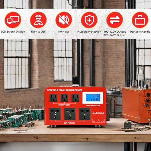 Image of SUNSHUN Step Down Transformer 220V to 110V 5000W Step Up Voltage Converter 110V to 220V Heavy Duty Power Transformer with 3 US Outlets and 3 Universal Outlets LCD Display, Circuit Breaker Protection