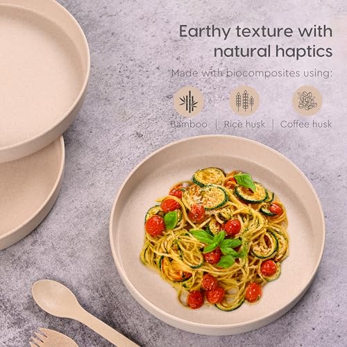 Image of Eha Earth Friendly Verde Round Plates | Set of 4 | 8 inch | Made with Rice Husk Biocomposite | Breakfast Plates | Unbreakable Dinner Plates Set | Microwave Safe | Sand Castle