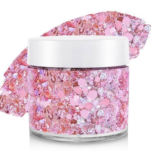 Paminify Pnk Face Hair Glitter Cheer Holographic Pink Body Glitter Rave Music Festival Singer Concert Outfit for Women Pink Out Accessories for Spirit Week Halloween Cosplay Shimmer Makeup