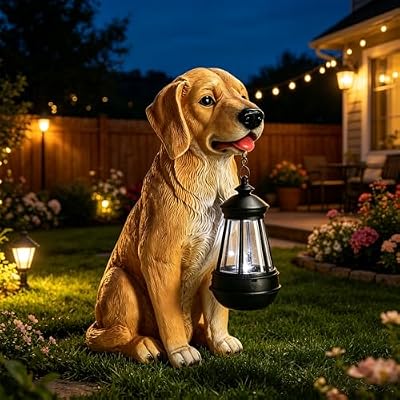 Garden Dog Statues Outdoor Decor, Golden Retriever Yard Outdoor Statue with Solar Lantern Lights Decorations Solar Dog Ornaments for Patio, Lawn, Yard Art Decoration, Housewarming Garden Gift for Mom