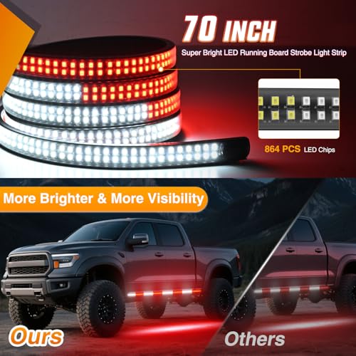 Image of Nilight 2PCS 70 Inch Emergency Strobe Light Strip with Controller 864 LED Red White Running Board Lights Flexible Side Flashing Warning Caution Safety Waterproof for Truck Construction Pickup