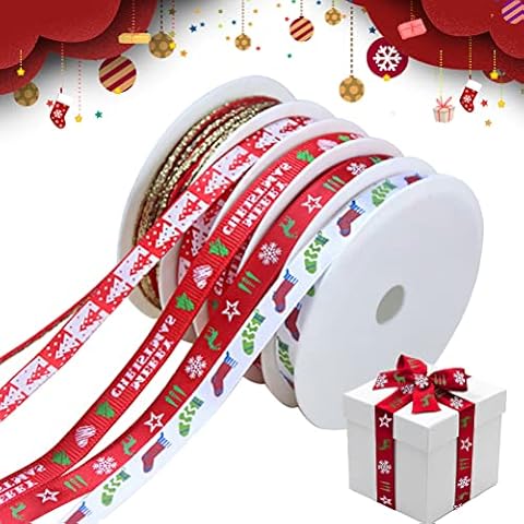 Christmas Ribbon, Red Christmas Ribbons for Crafts Gift Wrapping Wired 10mm Wide, Grosgrain Satin Merry Xmas Ribbons Roll and Trimmings for Crafting Bows Presents Wreaths Tree Decorations Cover