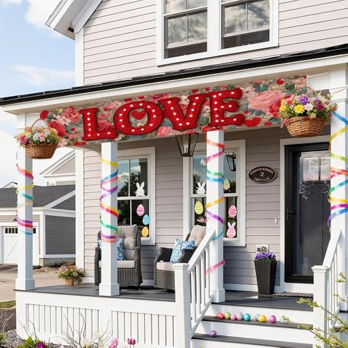 Image of Valentine Banner 78.74 x 17.72 Inch Red LOVE Lettering with Floral Background Romantic Roses and Heart Elements Ideal for Porch Sign Hanging Decoration for Valentine Party Decor