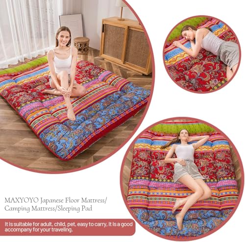 Image of MAXYOYO Bohemian Retro Floor Mattress Vintage Floral Japanese Futon Mattress Roll Up Thicken Sleeping Bed Portable Camping Mattress Floor Lounger Couch Bed Mattress Pad, Twin Size
