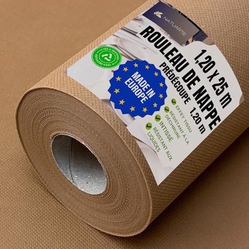 NATUARTE, Rouleau de Nappe, 1.20 m x 25 m, Nappe Intissè, PRÉDÉCOUPE Tous Les 1,20m, Jetable, Effet Tissu, Célébrations Anniversaires, Couleur Beige...