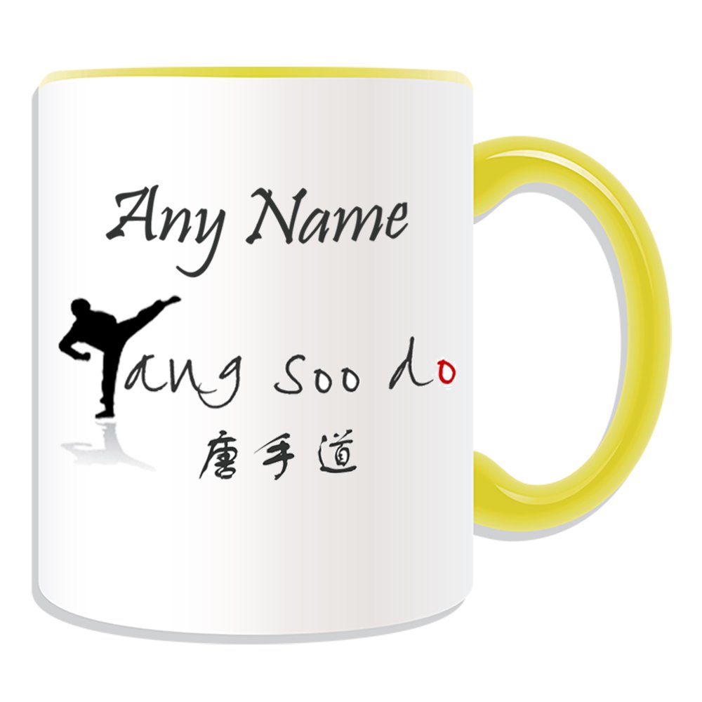 Regalo personalizzato – Tangsudo Kick tazza, motivo: arti marziali, vari colori disponibili, qualsiasi nome/messaggio personalizzato – Kung Fu cinese Kongfu Tsd Corea Tangsoodo, Ceramica, Yellow