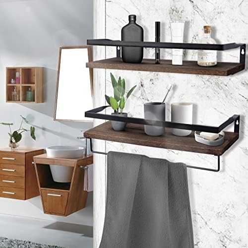 Uten Floating Shelves, Wall Shelves Set of 2, Wall Mounted for Bathroom, Bedroom, Kitchen, Bathroom Shelf with Towel Bar, Sturdy Structure, Easy Installation Dark Brown