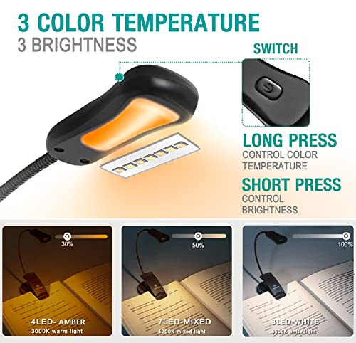 Vekkia/LuminoLite Rechargeable Amber Book Light, Clip on Lights for Reading in Bed, 3 Brightness × 3 Color Temperature, 2.1 oz Lightweight, 70 Hrs Reading, Perfect for Readers & Kids (Black)