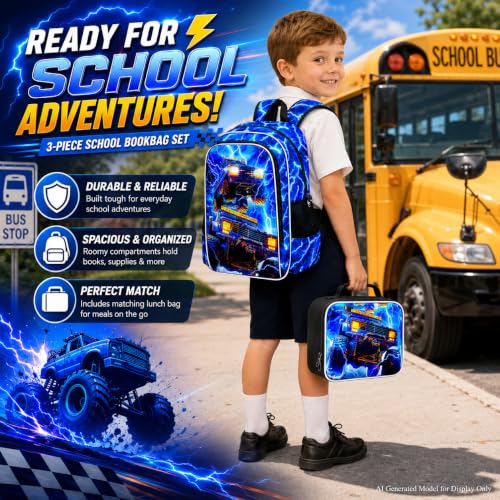 Image of 17 inch Truck Backpack, Boys Lightning Kids Bookbag with Lunch Box, 3Pcs School Backpacks for Elementary Preschool Kindergarten (Blue)