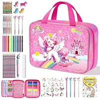 JYPS Unicorn Colouring Set Bag for Girls, 73 Pcs Drawing Art Supplies for Kids with Coloring Book, Pencil, Scented Markers,Crayon, Arts Crafts Painting Kits, Unicorn Gifts for Girls Ages 4-12
