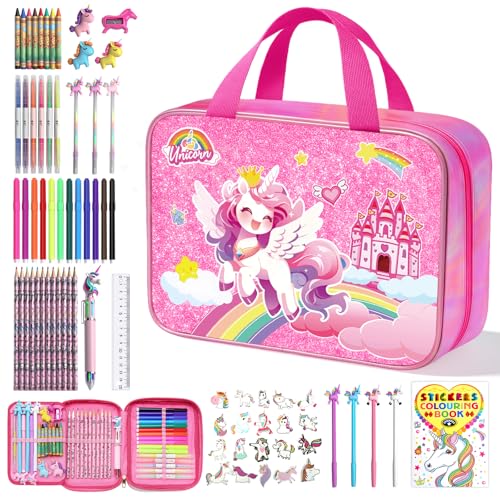 73PCS Unicorn Washable Markers Set with Glitter Pencil Case Art Supplies and Craft for Girls Ages 4-6-8 Kids Coloring Drawing Kit with Marker Colored Pencil Crayon Gel Pen Birthday Gift Toys for Girl