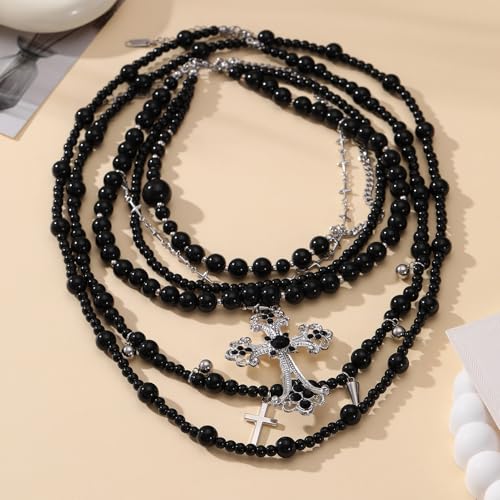 KURTCB Layered Gothic Cross Necklace Goth Grunge Emo Black Chain Beaded Choker Necklace for Women Men Halloween Christmas Gift2