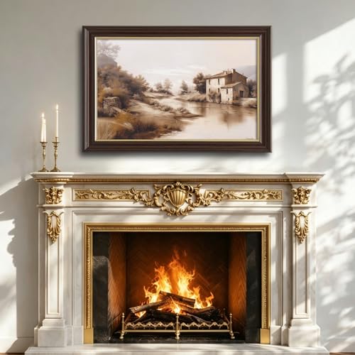 Image of Framed Vintage Countryside River Canvas Wall Art, Sepia Tone Farmhouse Landscape Canvas Prints Pictures, Rustic European Wall Decor for Living Room Bedroom Farmhouse Home