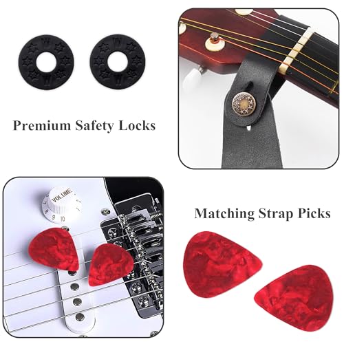 Image of Adjustable Guitar Strap Includes 2 Strap Locks & 2 Matching Picks & 1 Picks Holder & 1 leather Strap Button.