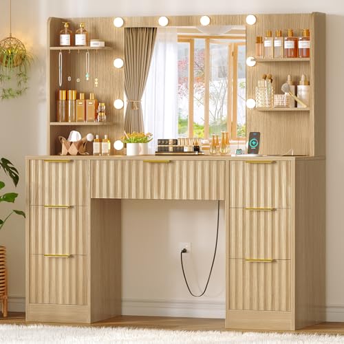 Image of Quimoo Fluted Vanity Desk with Mirror and Adjustable LED Lights & Power Outlet, Makeup Vanity Desk with 7 Drawers,4 Shelves and 5 Hooks, Vanity for Girls, Natural Oak