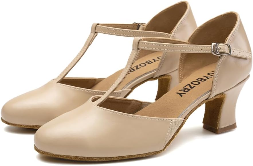 Character Shoes for Women T-Strap Closed Toe Latin Salsa Tango Standard Ballroom Dance Shoes,Model D29-Suede Sole-2.33" Heel