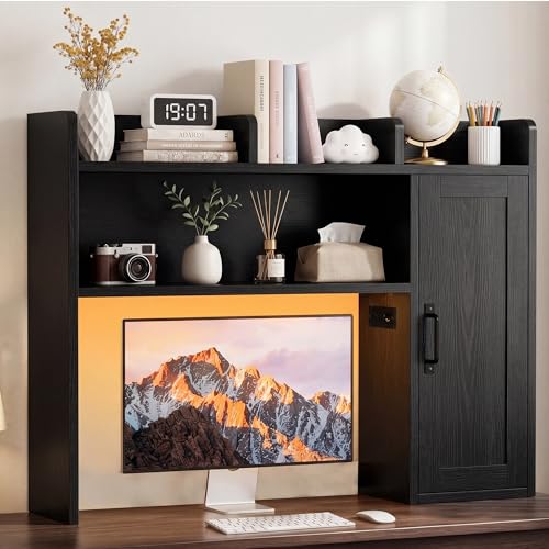 Image of Desktop Storage Shelf, 37.4 inch Computer Desk Organizer 3-Tier Wood Desktop Storage Shelf Desk Hutch Dorm with RGB LED Light & Power Outlets for PC Gamers, Office, College Dorm Must Haves-Black