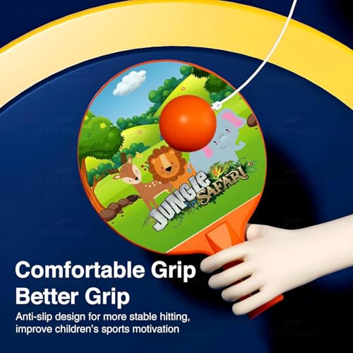 Image of Hanging Table Tennis Trainer for Kids Indoor Self Training Portable Ping Pong Set 10 Pieces 2 Racket 2 Balls 2 Hooks 1 Jungle Hanger and 2 Jungle Safari Stickers in 1 Jungle Box