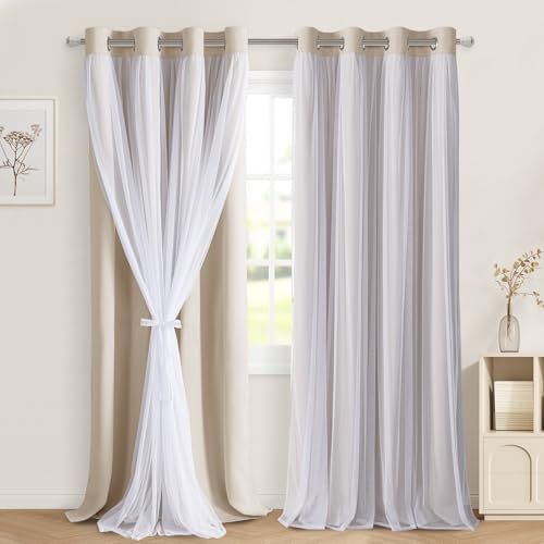 Image of DWCN Beige Blackout Curtains with Sheer Overlay with Tiebacks 96 Inch Long | Floor to Ceiling Mix & Match Double Layer Window Panels for Bedroom Living Room Drape, Grommet Top, 52 inch Wx96 inch L, Set of 2