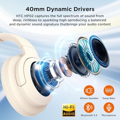 HTC HP02 Wireless Bluetooth Headphones with Active Noise Cancellation Bluetooth 5.3 Earphone, Over Ear Headphones with Built-in Mic- 60Hours Playtime, Foldable Stereo Wireless Headset for Call, Travel - Image 6