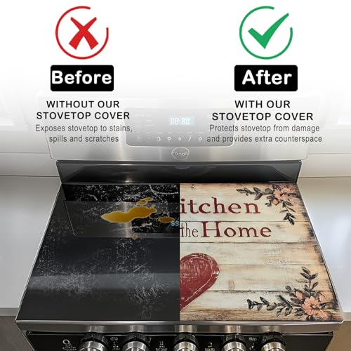 Image of Nuxovilar Stove Top Cover for Electric Stove, 20x28 Inch Polyester Glass Cooktop Protector with The Kitchen is My Happy Place Heart Design, for Kitchen Decor & Daily Use
