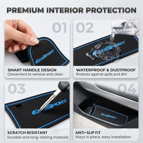 Image of Car Drome | Door Cup Mat Set for Ford EcoSport 2018 to 2021 Models Only | Premium Non Slip Rubber Inserts | Custom Fit 13 Pieces | Blue Trim Interior Car Accessories | Dustproof Waterproof