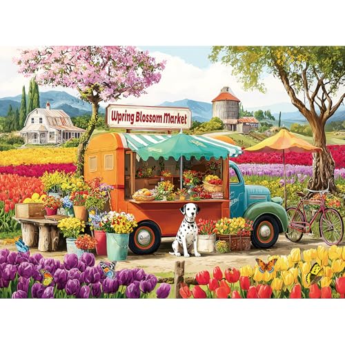 Rompecabezas de 500 piezas para adultos – Camión de flores y mercado, perro y tulipanes en jardín, desafiante, ideal para noches de juegos, 20,5 x 15 pulgadas miniatura 1