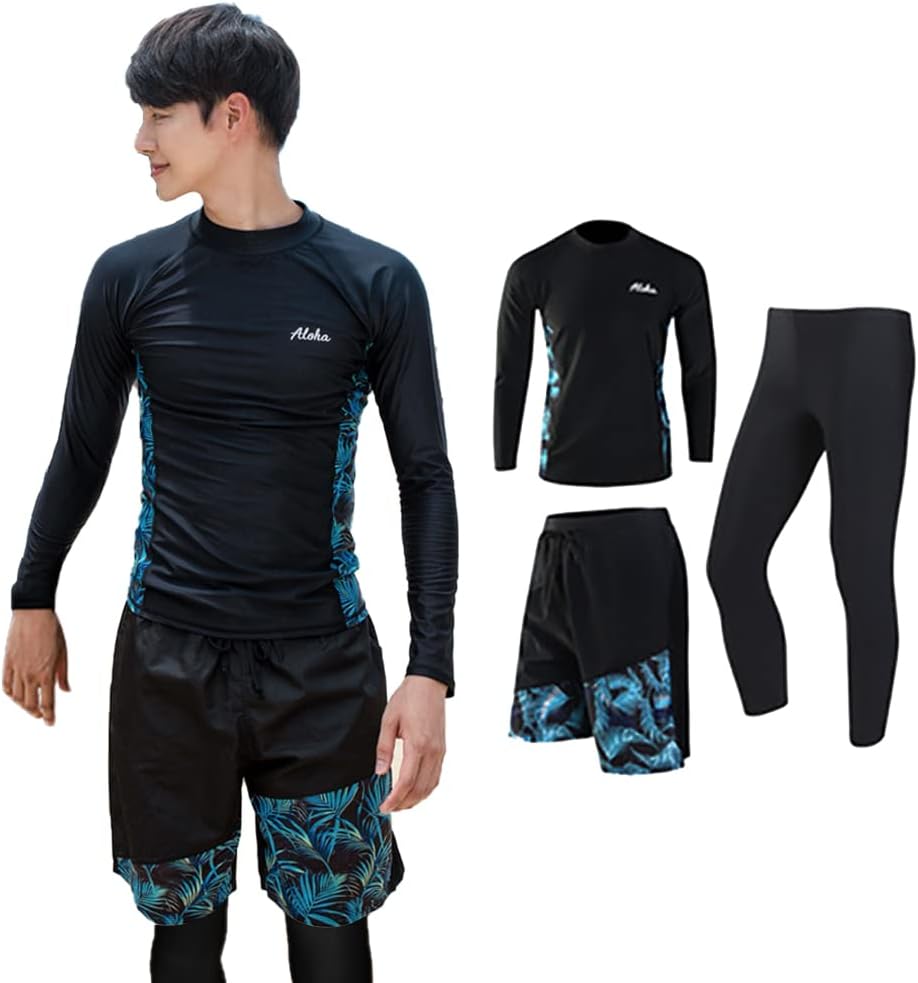 [purcoce] ラッシュガード メンズ 水着 長袖 レギンス サーフパンツ tシャツ フィットネス 上下セット 3点セット 男性 UVカット 水泳 スポーツ 大きいサイズ 水陸両用 夏