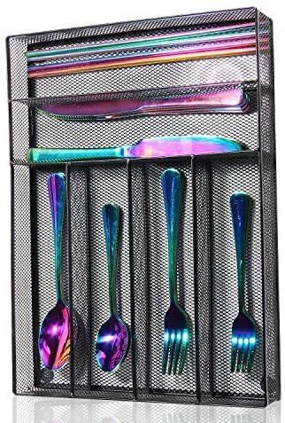 Silverware Set,WOAIWO-Q 28 PCS Stainless Steel Flatware Set for 4 People, Cutlery With Wire Mesh Holder Storage Trays Mirror Polish,Dishwasher Safe (Rainbow)