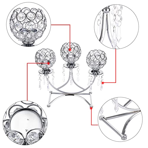 Ownmy 3 Arms Crystal Bowl Tealight Candle Holder Candelabra Votive Candle Stand, 3-Arm Crystal Tea Light Candlestick Candle Centerpiece For Dining Table Wedding Christmas Party Home Decor (Silver) #TOP3